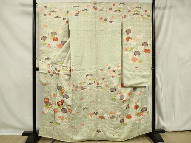 豪華振袖　駒刺繍　花車文　金彩　金通し地　正絹　逸品　身丈160.5　裄63.5 平和屋着物▽豪華振袖 駒刺繍 御所車花文 暈し染め 金彩 正絹