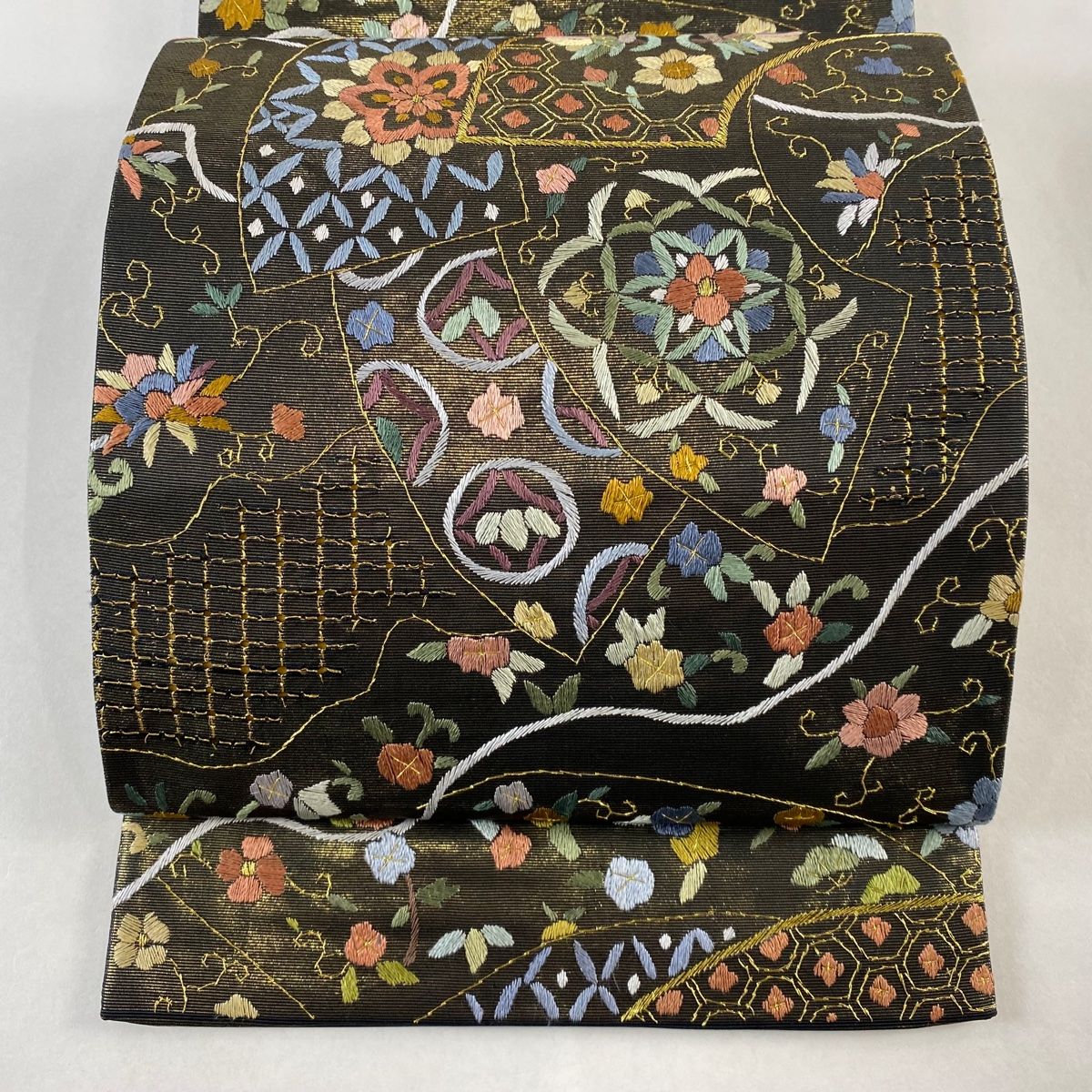 袋帯 関西仕立て 扇面 花鳥 金糸 刺繍 金色 六通 正絹