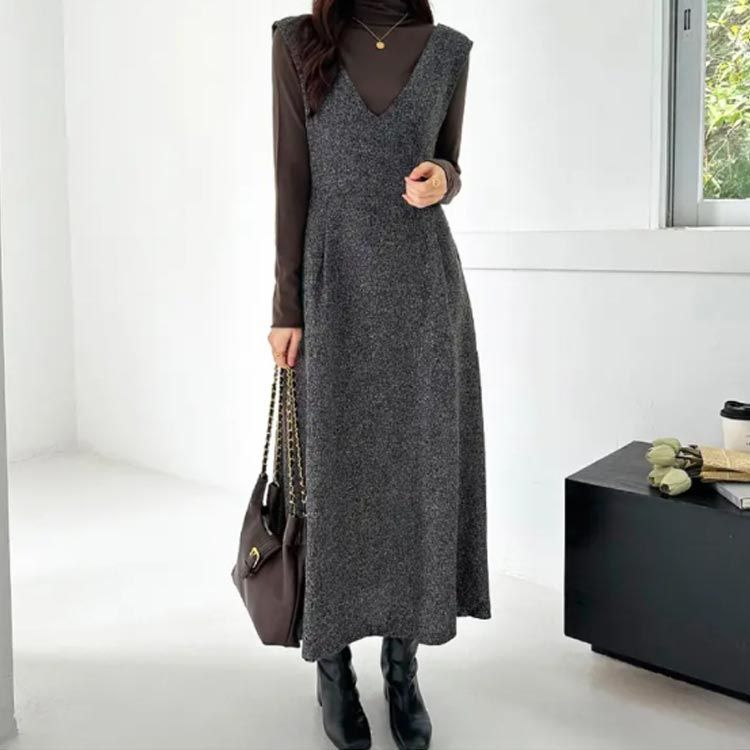 【美品】bow.a ボウエー Vネック ウールライク ジャンパー ロングスカート ノースリーブ ジャンパースカート Vネック ジャンパースカート