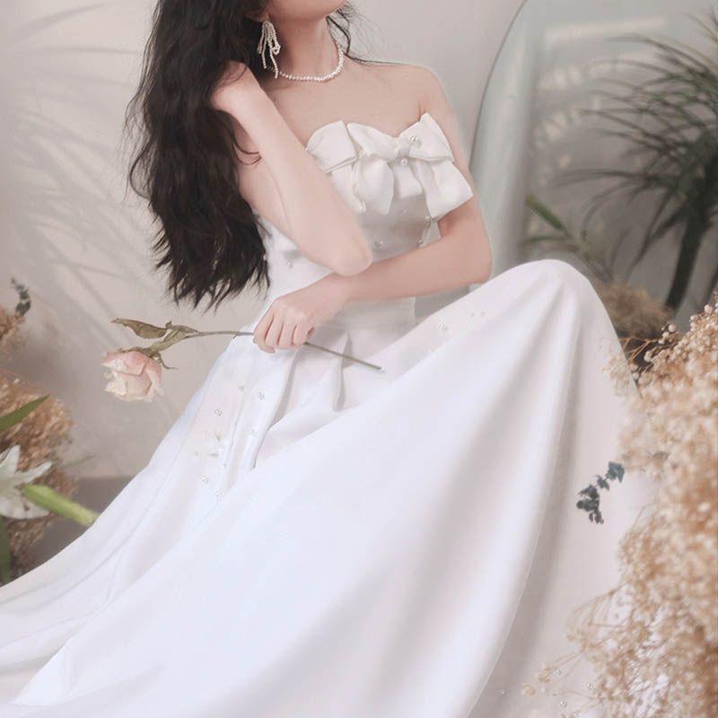ドレス リボン パール ワンピース ホワイト ロング 結婚式 韓国 急速出荷 2025年新作】お呼ばれドレス 結婚式 お呼ばれ