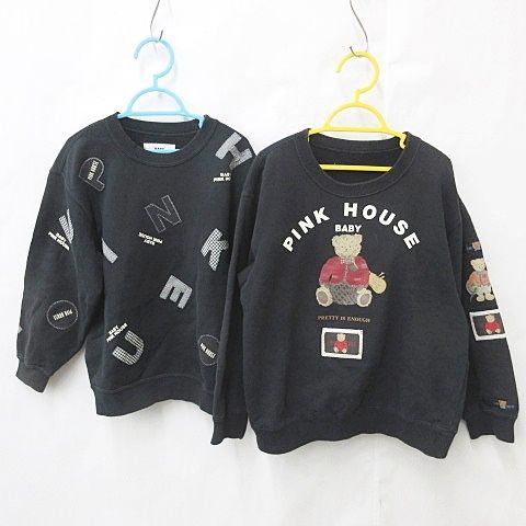 ベビーピンクハウス BABY PINK HOUSE カットソー トレーナー 2枚セット 長袖 丸首 プリント ベアー柄 ロゴ アップリケ スウェット リブ 綿 黒 ブラック L