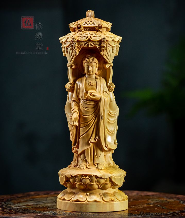 総柘植材　仏教工芸品　時代彫刻　一刀彫　極上彫　木彫仏像　阿弥陀如来三尊立像