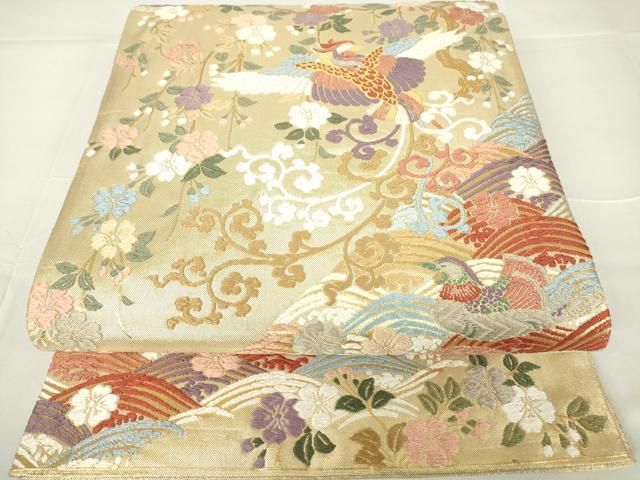 平和屋着物●佐賀錦 六通柄袋帯 唐織 瑞鳥桜花流波文 金糸 正絹 DAAX3719az