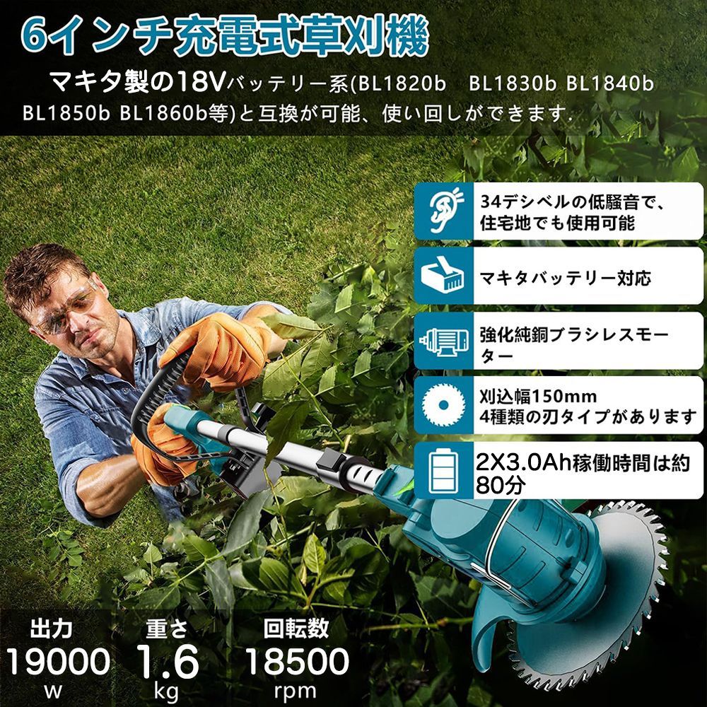 ✨草刈り機 充電式草刈機 電動草刈り機 哀しい マキタ対応 バッテリー2個 6インチ