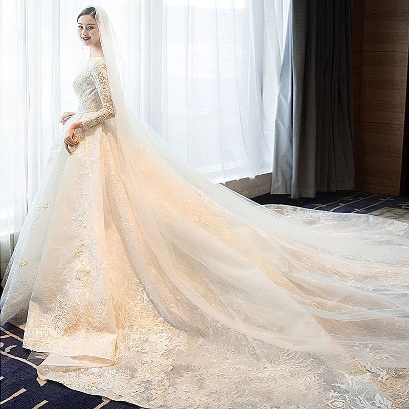 ウェディングドレス 花嫁 二次会 ウエディングドレス 結婚式 ロングドレス プリンセスライン レース 長袖 海外挙式 披露宴 華やか ブライダ