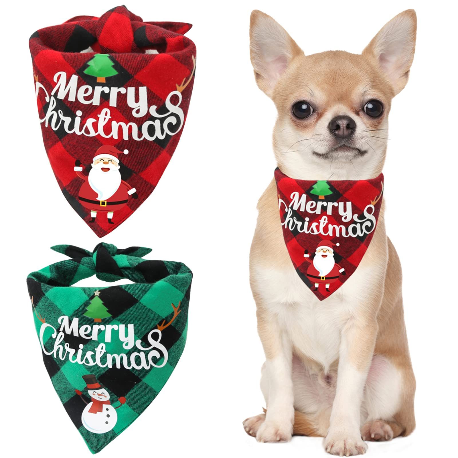 ペット コットン よだれかけ 格子縞 三角バンダナ スカーフ バンダナ 赤 バンダナ 緑 メリー 犬用 クリスマス クリスマス 業務用 猫 食事用 アクセサリー 2枚セット 小型犬 犬 Small