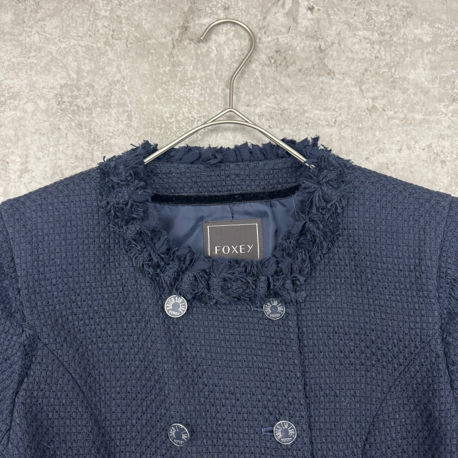 美品】FOXEY フォクシー ノーカラー ツイード ジャケット ネイビー 40