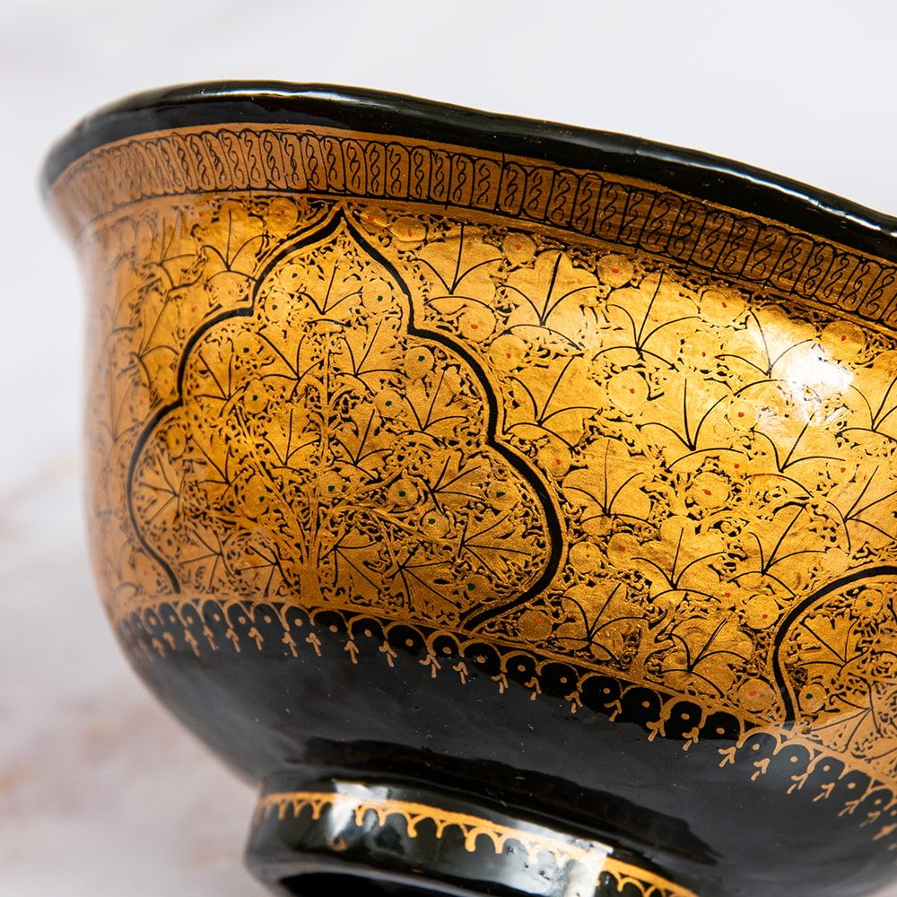 【カシミール】アンティーク＊一点ものペイパーマッシュBOX 超高精細・一点もの】カシミールのペーパーマッシュ 黒地に黄金の樹 椀型