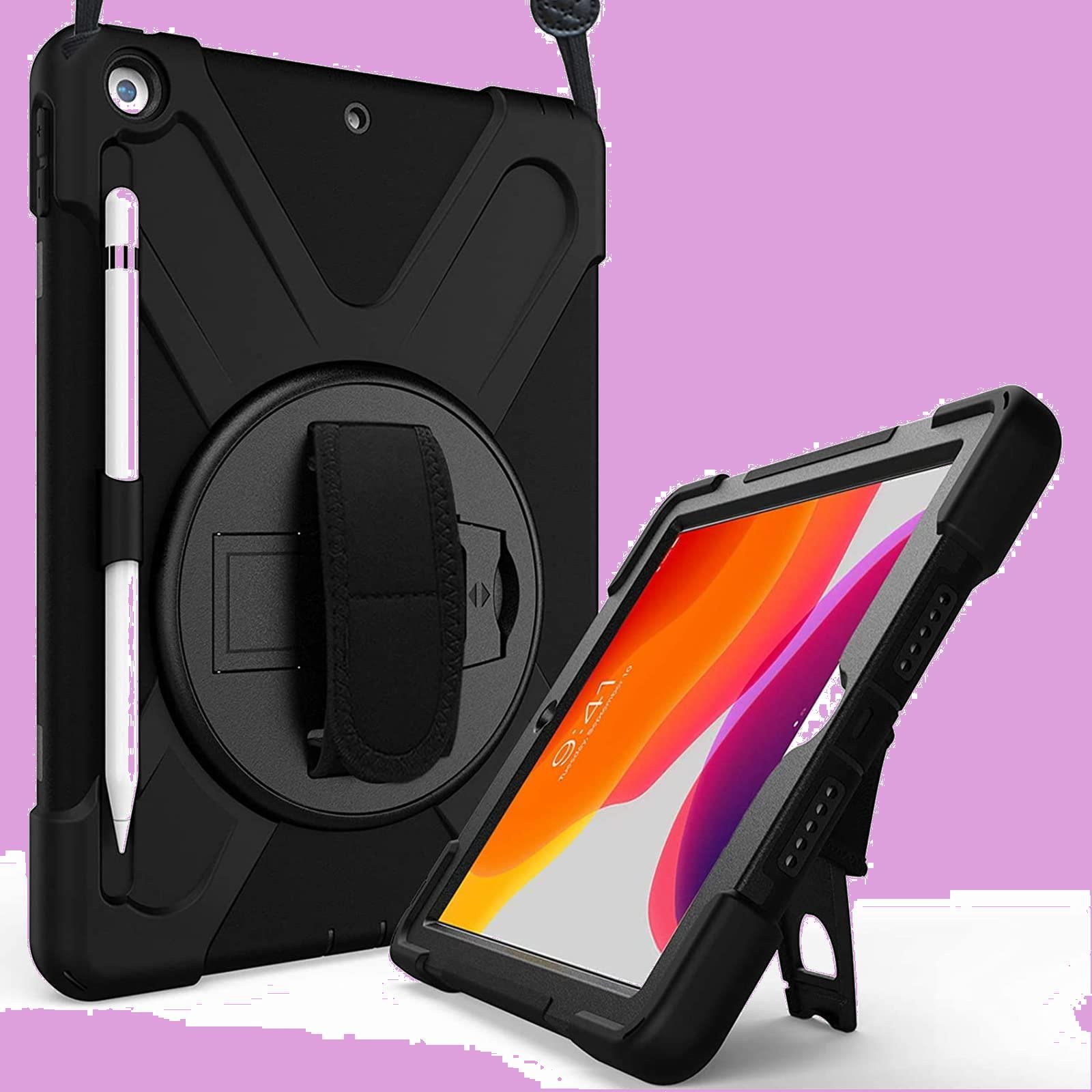 【特価商品】ProCase iPad 9/8/7 ショルダーケース 10.2”肩掛け式 耐衝撃カバー（2021 2020 2019) ペン収納 360回転スタンド 手首付き 3層保護デザイン 現場作業 子供用 -ブラック