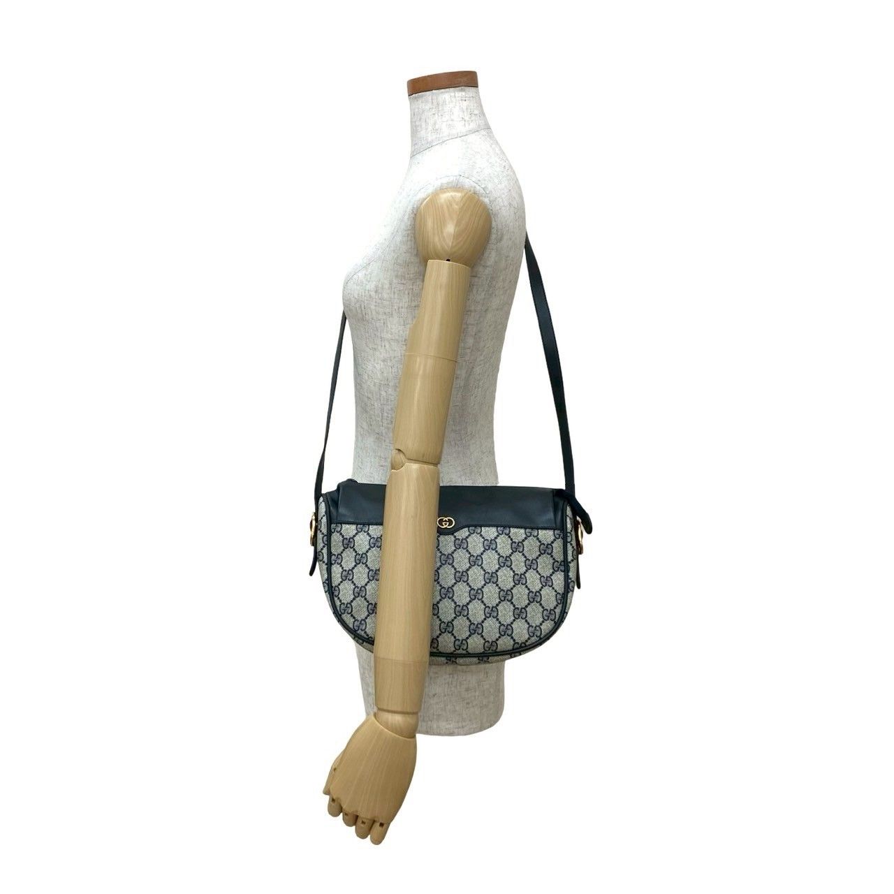 オールドグッチ GUCCI ネイビー レザー ハンドバッグ　GG柄　本革 GUCCI 極 美品 希少品 グッチ オールドグッチ GG ロゴ 総柄 金具