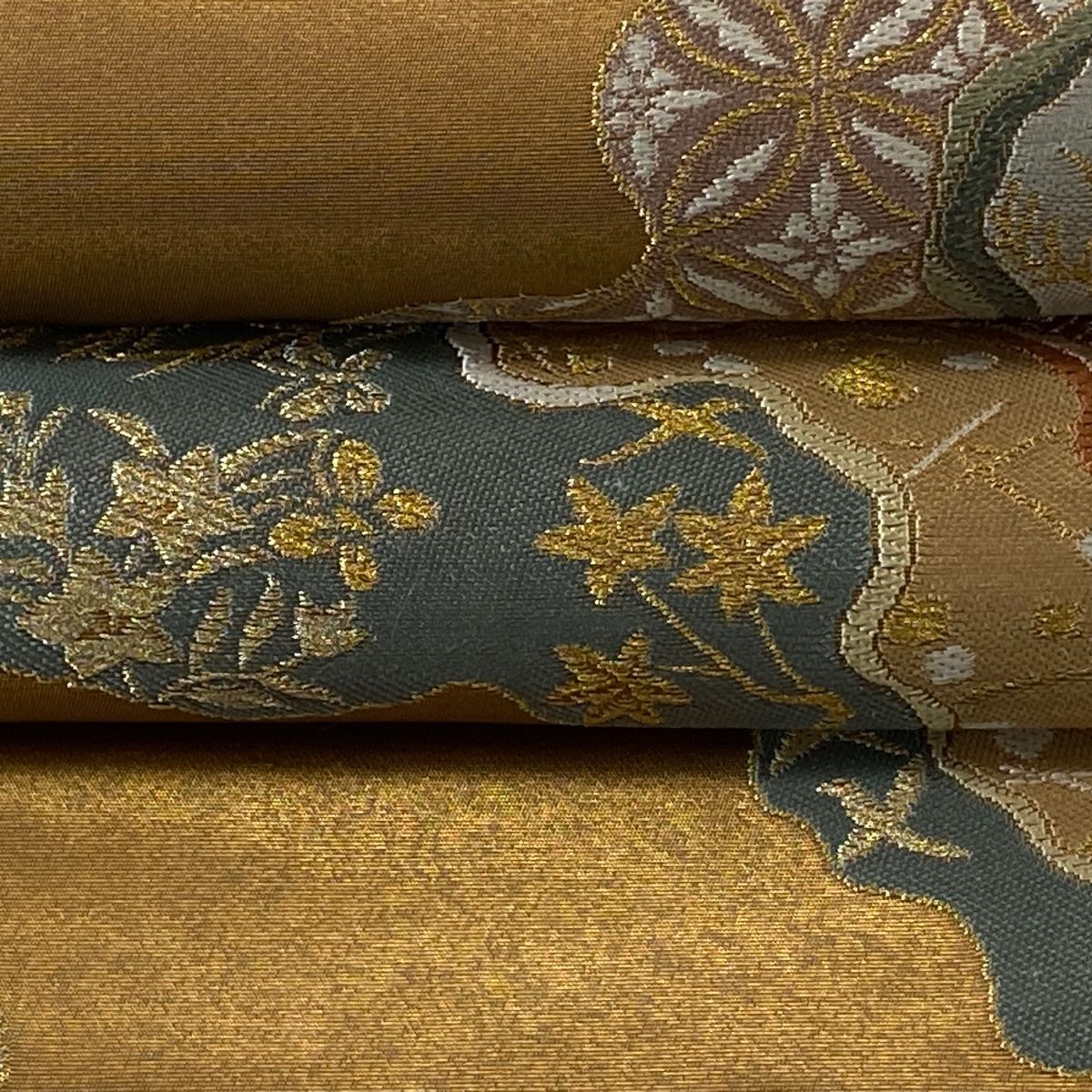 美品】 袋帯 逸品 河村織物 落款 道長取 名物裂六歌選 金糸 箔 金茶 六