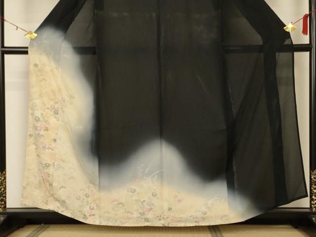 平和屋着物＊夏物　訪問着　縦絽　草花文　暈し染め　正絹　逸品　AABA2837jd 平和屋着物＊夏物 訪問着 縦絽 草花文 暈し染め 正絹 逸品