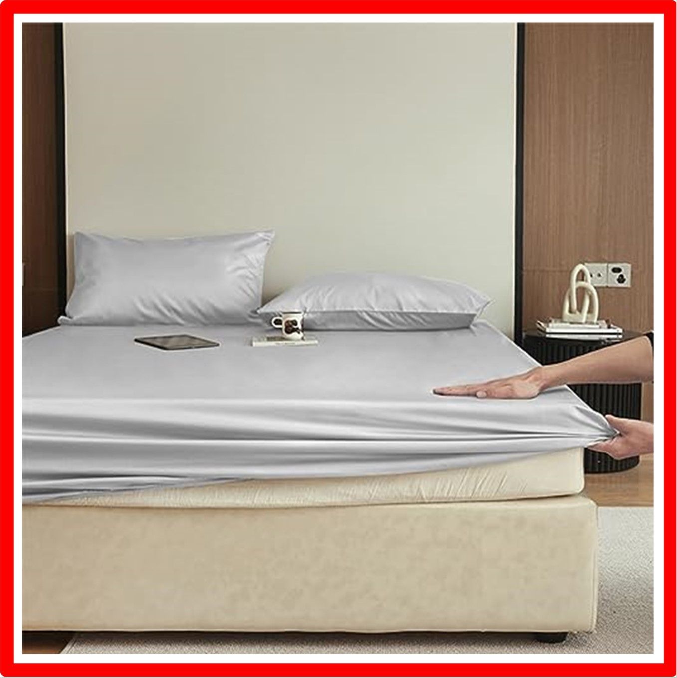 【匿名配送】ライトグレー_ダブル・140X200cm 高?ボックスシーツ ダブル マットレスカバー ベッドシーツ BOXシーツ 綿混 ツルツル 光沢 艶感 ホテ