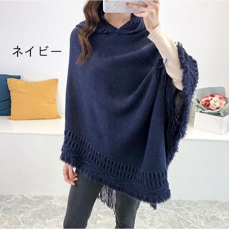 ふりふ　紺　ネイビー ポンチョ　ケープコート フラワープリント　Ｆ　ショール ポンチョ ポレロ ストール 大判 ショール 秋冬 ニット フード