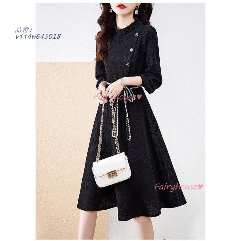 ワンピース レディース 40代 きれいめ 膝丈ワンピース 秋冬 入学式 卒業式 オシャレ大人上品 通勤OL 長袖ワンピース Aラインスカート 黒リボン vii 4 w 645018