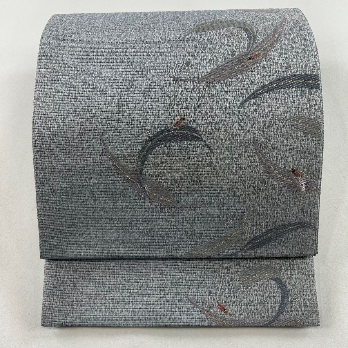 袋帯 美品 名品 夏帯 絽 葉柄 蛍 金銀糸 青灰色 六通 正絹 【中古 