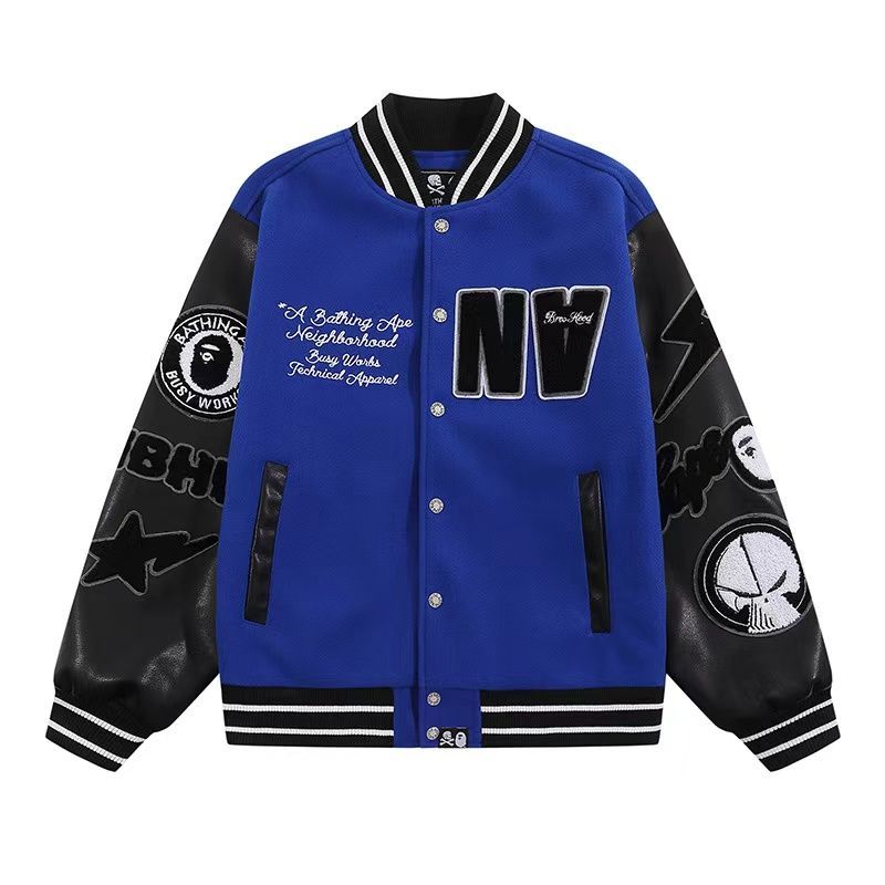 新品未使用 BAPE JACKET スタジャン A BATHING APE アベイシングエイプ おしゃれ 日常用 メンズ レディース ブラックｘブルー M L XL 2XL 3XL ジャケット