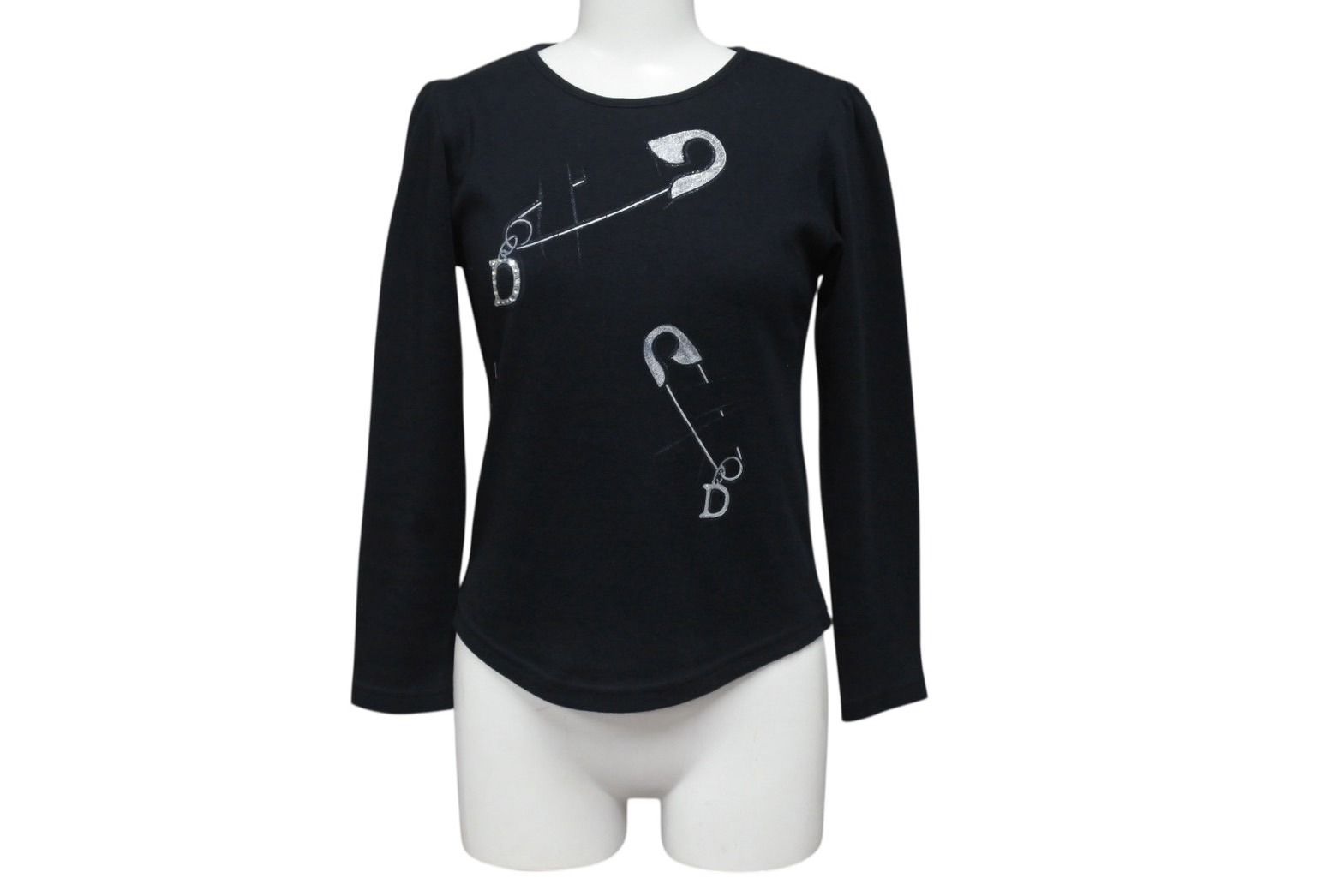 CHRISTIAN DIOR クリスチャンディオール 安全ピン ロンT 長袖Tシャツ ラインストーン ブラック シルバー サイズ10 4b001941