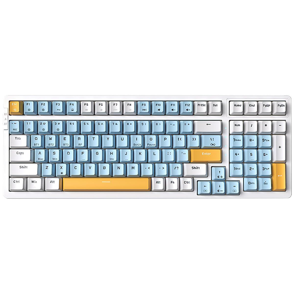 【数量限定】Type-c有線接続 2.4G 100キー 独立キースイッチ メカニカルキーボード LEDバックライト 英語配列 ABS材料 Merdia Mac＆Win用 ブルー+ホワイト+イエロー（赤軸）