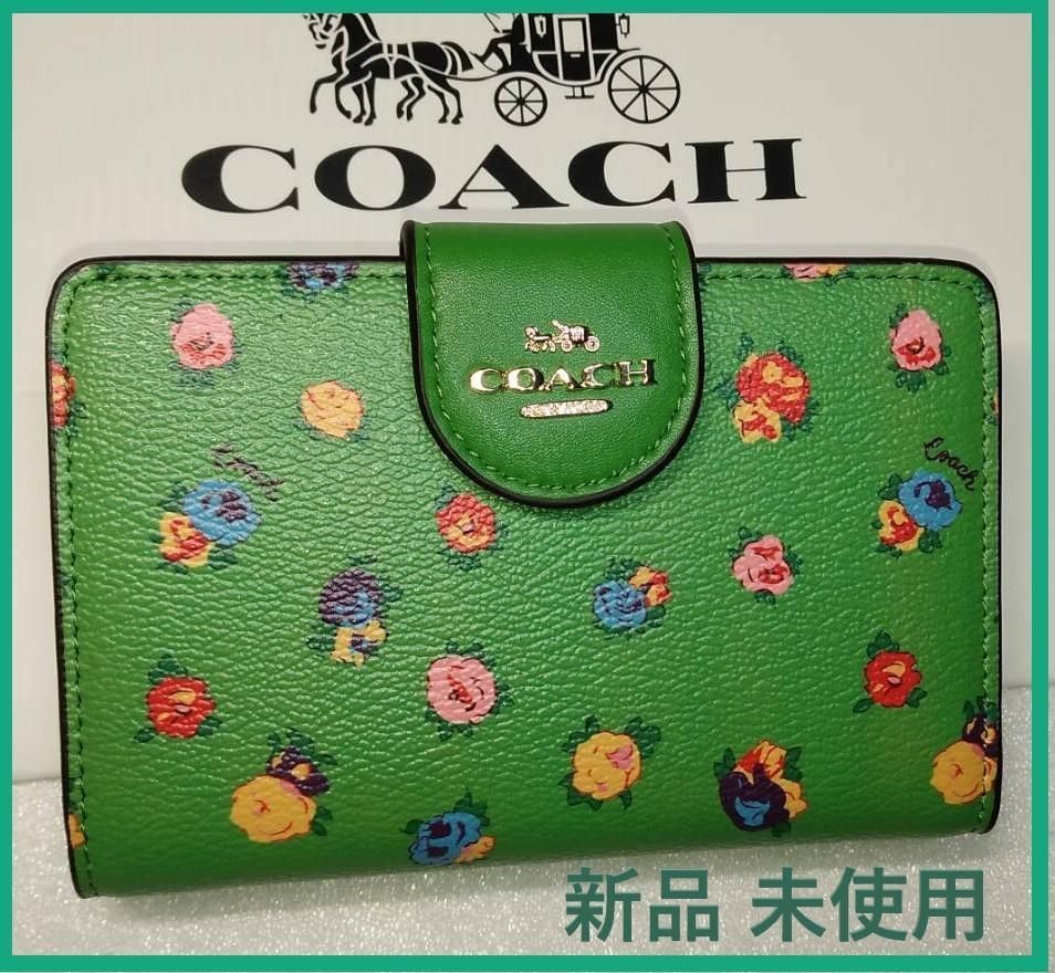COACH 新品 グリーン バラ レディース 折り財布 コーチ 緑 花柄 財布 