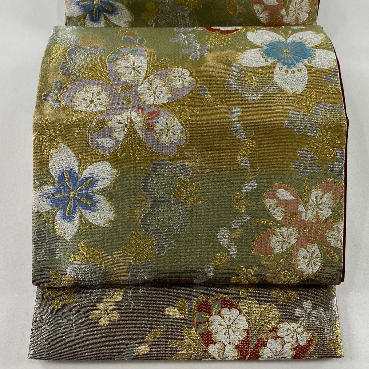 袋帯 美品 秀品 振袖向き 桜 花びら 金糸 箔 金色 六通 正絹