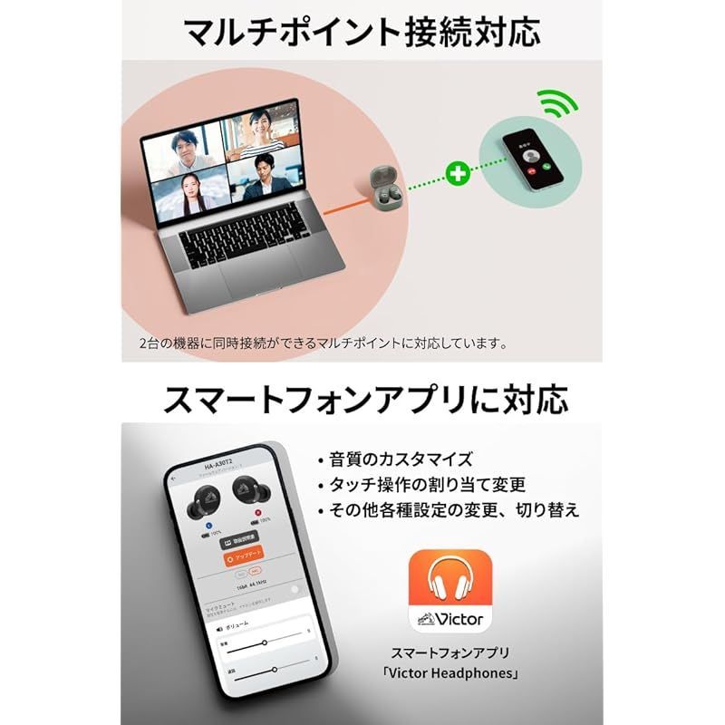 【特価商品】JVCケンウッド Victor HA-A30T2-V ワイヤレスイヤホン Bluetooth Ver.5.3 ノイズキャンセリング アプリ対応 マルチポイント 合計27時間再生 マイク付き 小型 軽量 外音取り込み 防水 パープル