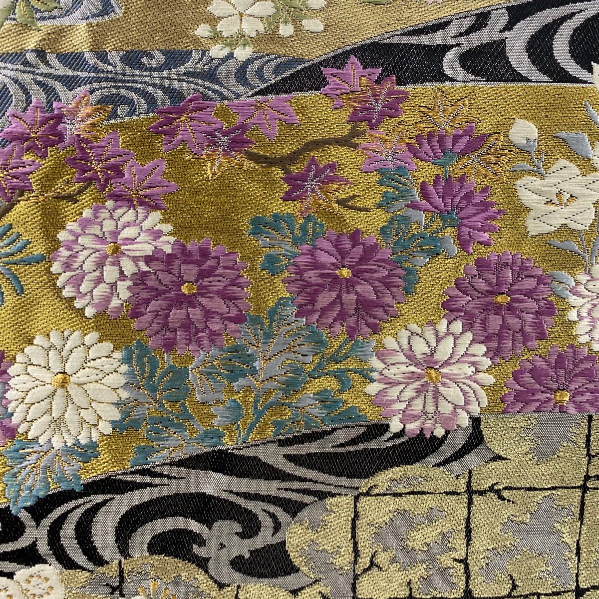 袋帯 美品 逸品 じゅらく 落款 草花 鶴 金銀糸 箔 黒 六通 正絹