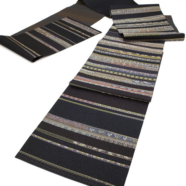 白寿苑 西陣織 袋帯 新品未使用品 葡萄唐草文様 正絹 黒地 六通 新古品】 袋帯 未使用 京都 西陣 フォーマル 正絹 螺鈿箔 組紐