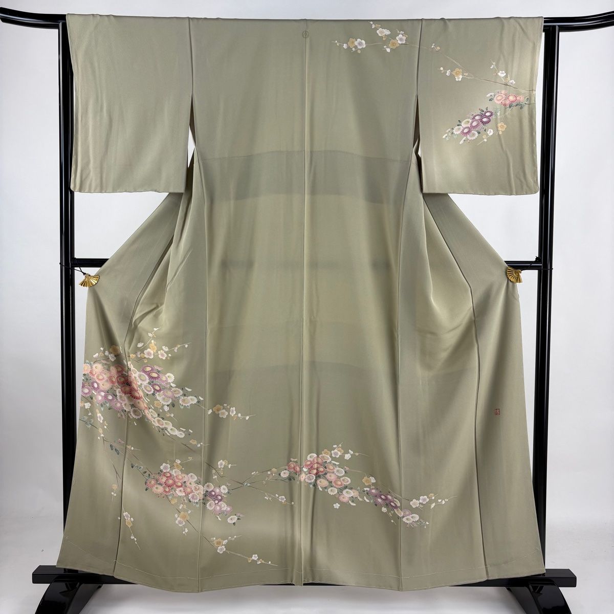 訪問着 身丈159cm 裄丈64cm M 袷 落款 枝梅 菊 ぼかし 灰緑 正絹 名品 一つ紋