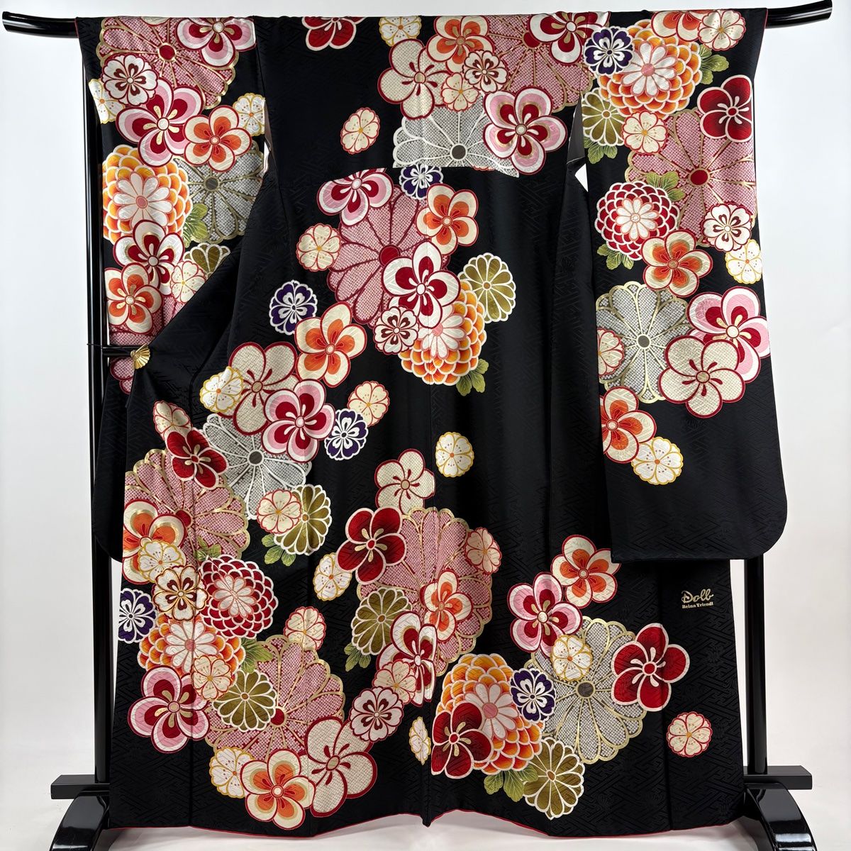 振袖 身丈167cm 裄丈69cm L 袷 Reina Triendl 落款 菊 梅 金彩 黒 正絹