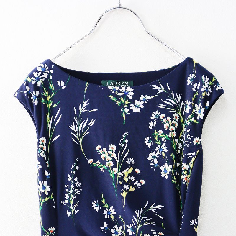 ローレンラルフローレン LAUREN RALPH フラワープリントギャザーワンピース 00 ネイビー┃花柄ドレス