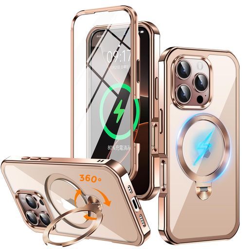 【360回転CDスタンド・両面完全保護・MagSafe対応】NIANGUOiPhone16Pro用ケース[横縦両立・隠し定点回転スタンド・超絶安定性][本体の色・ソフトメッキバンパーu0026完全信号保証!]ストラップホー… ケース 縦横両対応 カバー 隠しポケット搭載／ 手帳型 耐