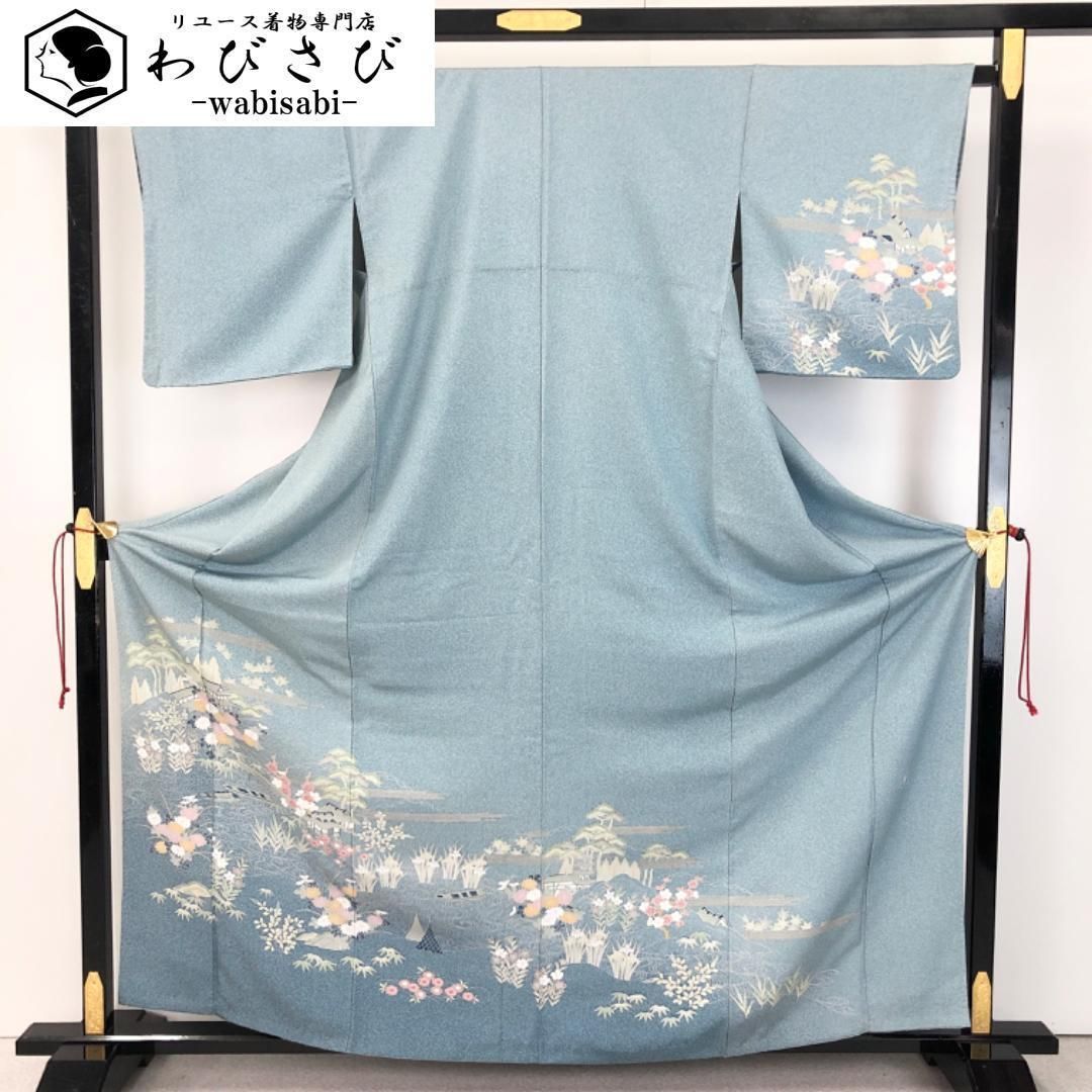 訪問着 作家物 花模様 叩き染 砧青磁色 K-5299