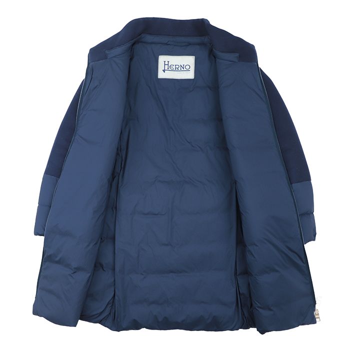 美品＊ヘルノ HERNO ウール切替ダウンコート 42 ネイビー 紺 フード