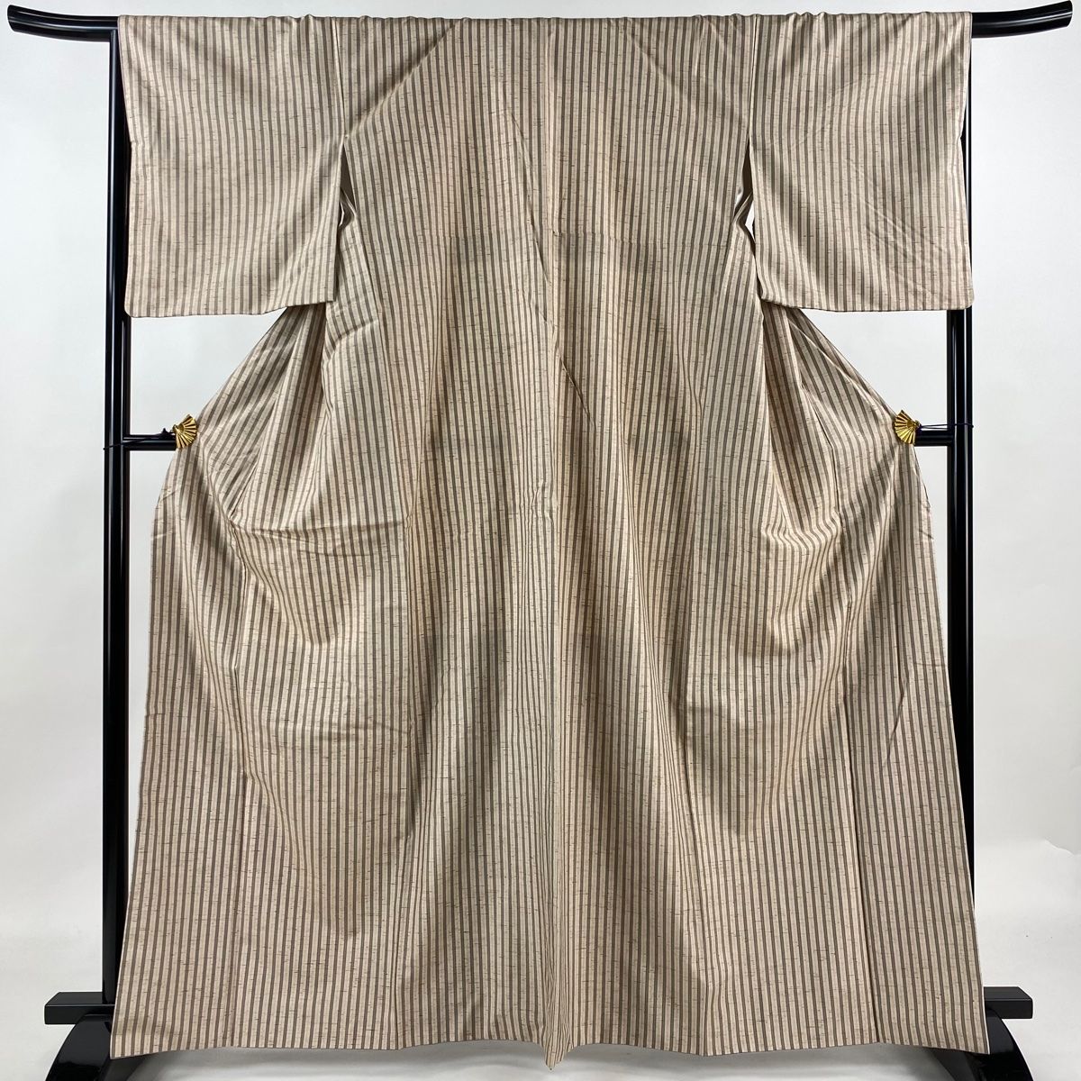 紬 身丈163.5cm 裄丈67cm M 袷 ぜんまい綿織 落款あり 縞 ベージュ 正絹 名品