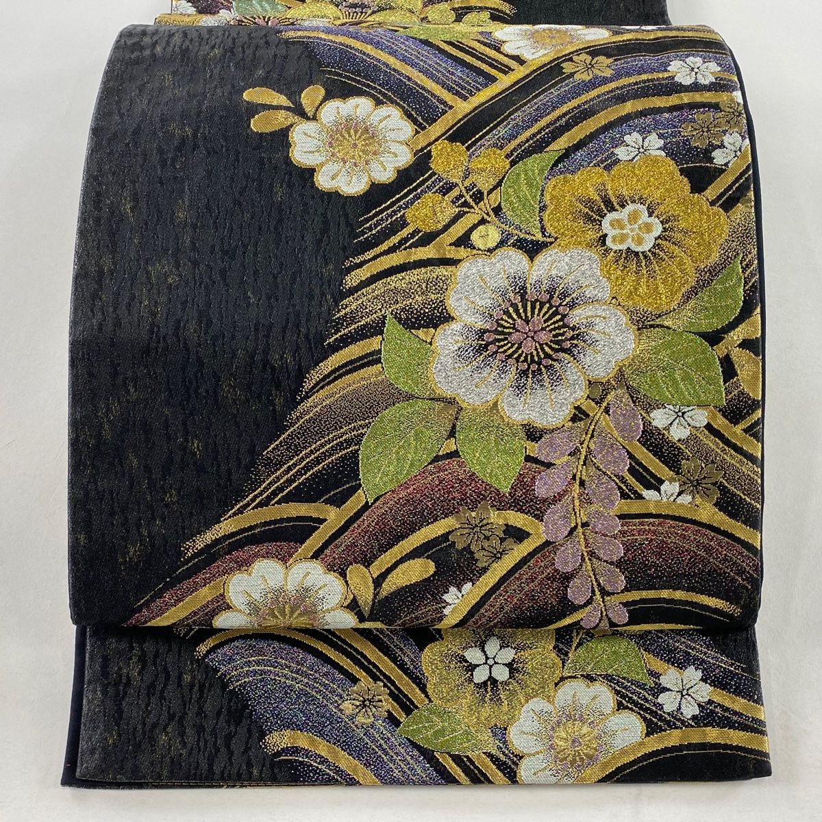 袋帯 秀品 やまと 辻が花 金銀糸 箔 黒 六通 正絹