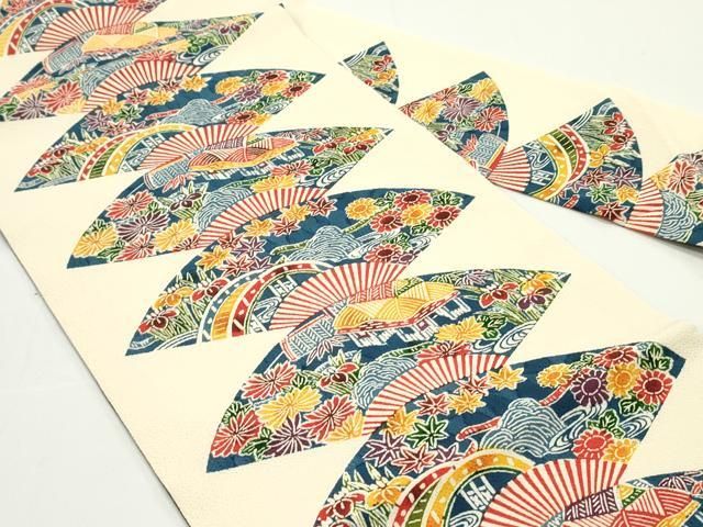 平和屋着物○全通柄九寸名古屋帯 型染め 扇面重ね流水風景草花文 鬼