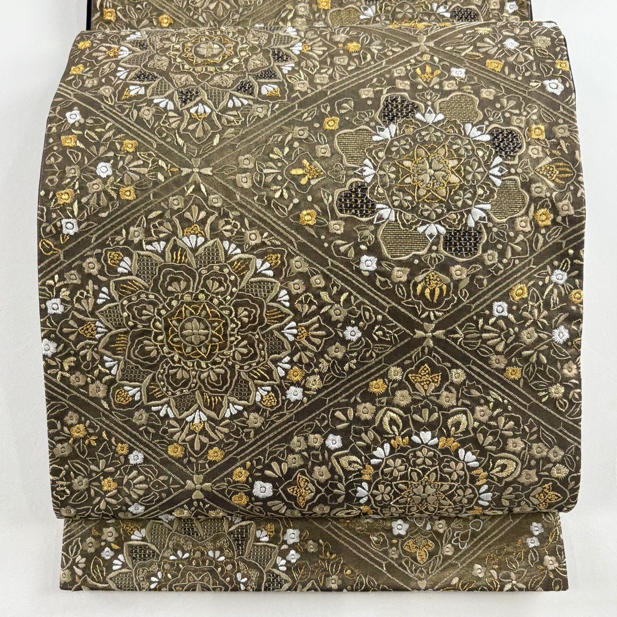 袋帯 華文 斜め格子 金糸 刺繍 金茶 六通 正絹