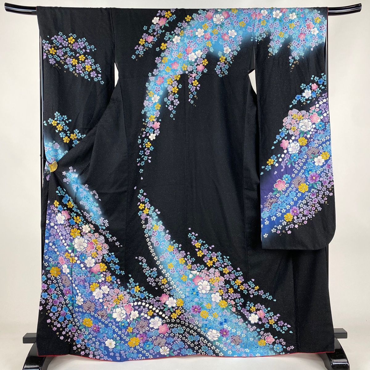 振袖 身丈166.5cm 裄丈67.5cm L 袷 桜 草花 銀通し 絞り 黒 正絹 美品  