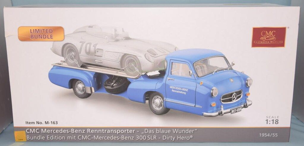 CMC 1|18 Mercedes-Benz Racing Car Transporter The blue Wonder 300 S M163