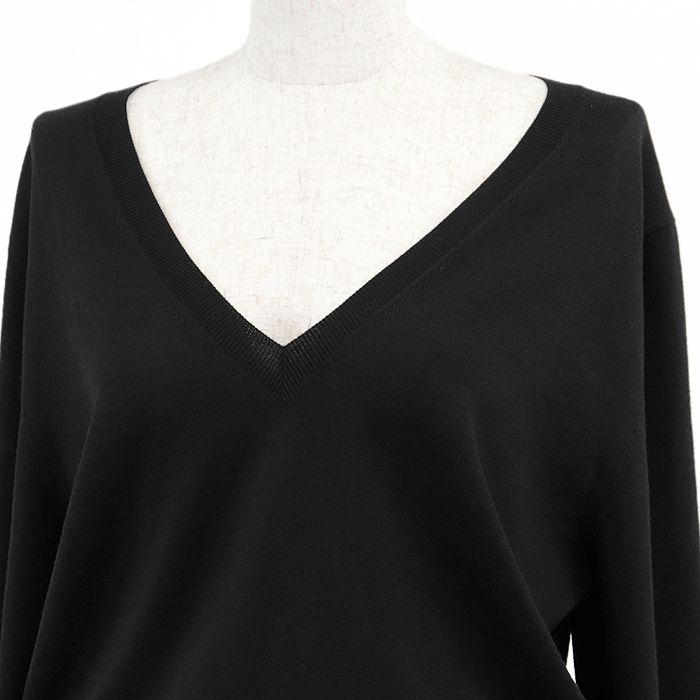 PRADA プラダ ワンピース 製 ニット ウール ハイゲージ シグネチャー トライアングル ロゴ パッチ Vネック ギャザー プリーツ ロングスリーブ 長袖 無地 ロング ドレス レディース サイズ 40 ブラック 黒 イタリア製