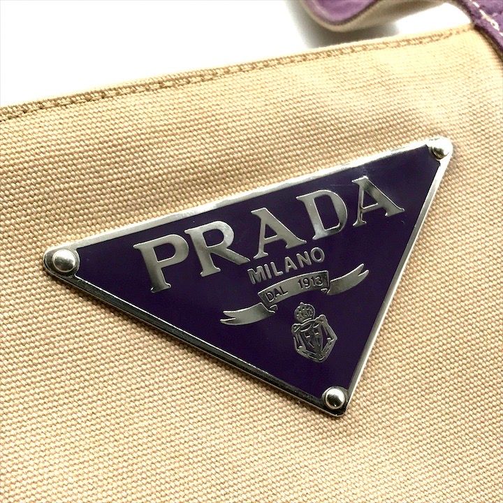良品 PRADA プラダ キャンバス 三角ロゴ トート バッグ ベージュ  