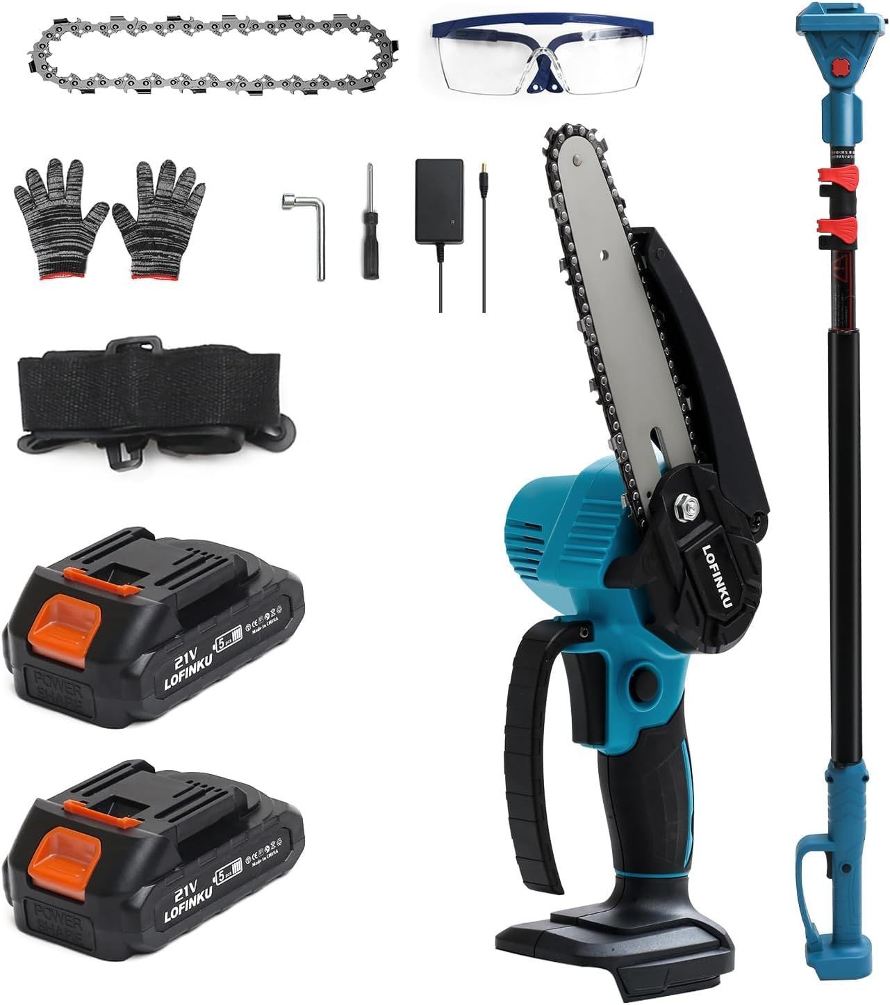 新着商品 充電式 チェーンソー 2個バッテリー 伸縮式延長ポール付き 最長245CM 角度調節 持ち運び便利 芸用具 高枝切り電動チェーンソー パワフル プロ伐採 園芸 ブルー
