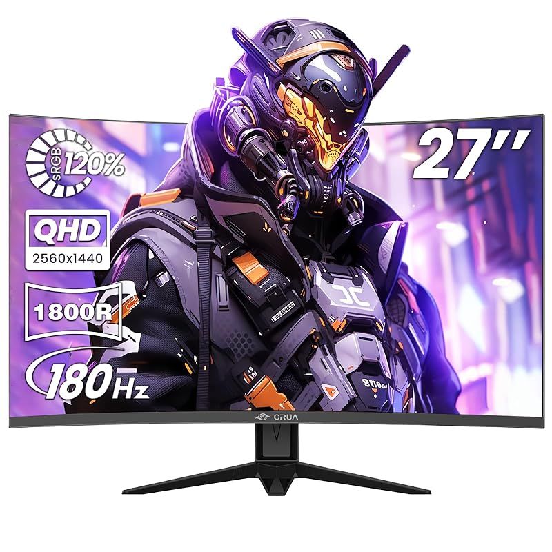 CRUA ゲーミングモニター 27インチ WQHD 2560x1440 180Hz 湾曲モニター 1800R ディスプレイ HDMI2.0 - DP1.4 ブルーライト軽減 傾斜調整 広い視野角 壁掛け対応