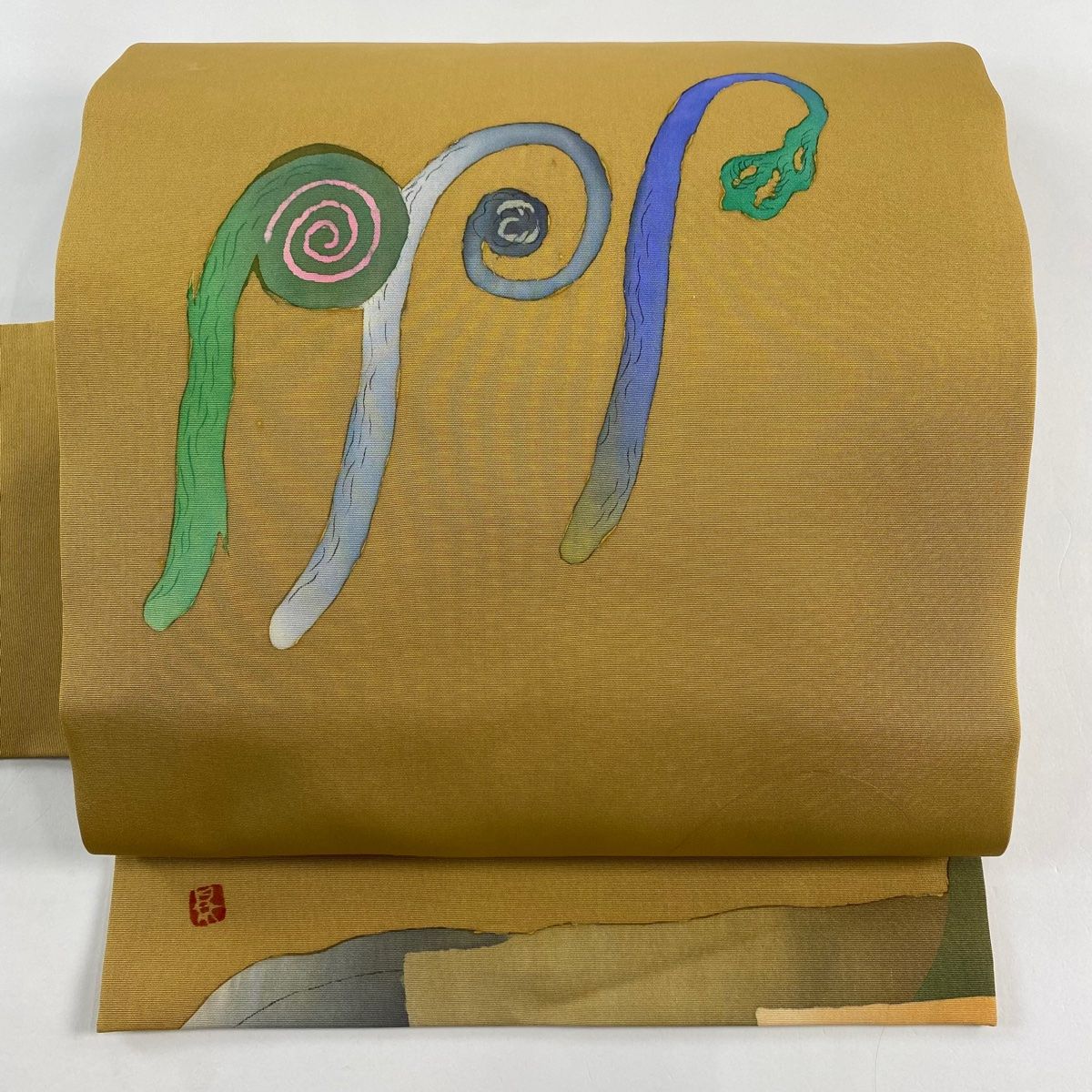 名古屋帯 秀品 落款 ぜんまい 山 ぼかし 黄土色 正絹