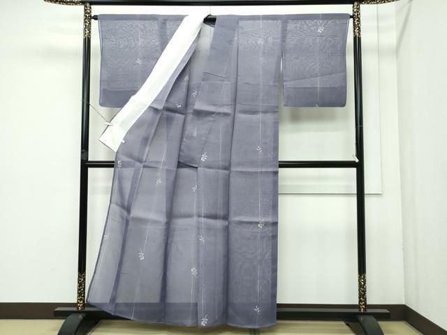 平和屋着物 上 夏物 絹芭蕉 夏芭蕉 伝統工芸士 白川貞夫 草花文 紫鼠色地 十日町白新染織謹製 証紙付き CZAA3639s5