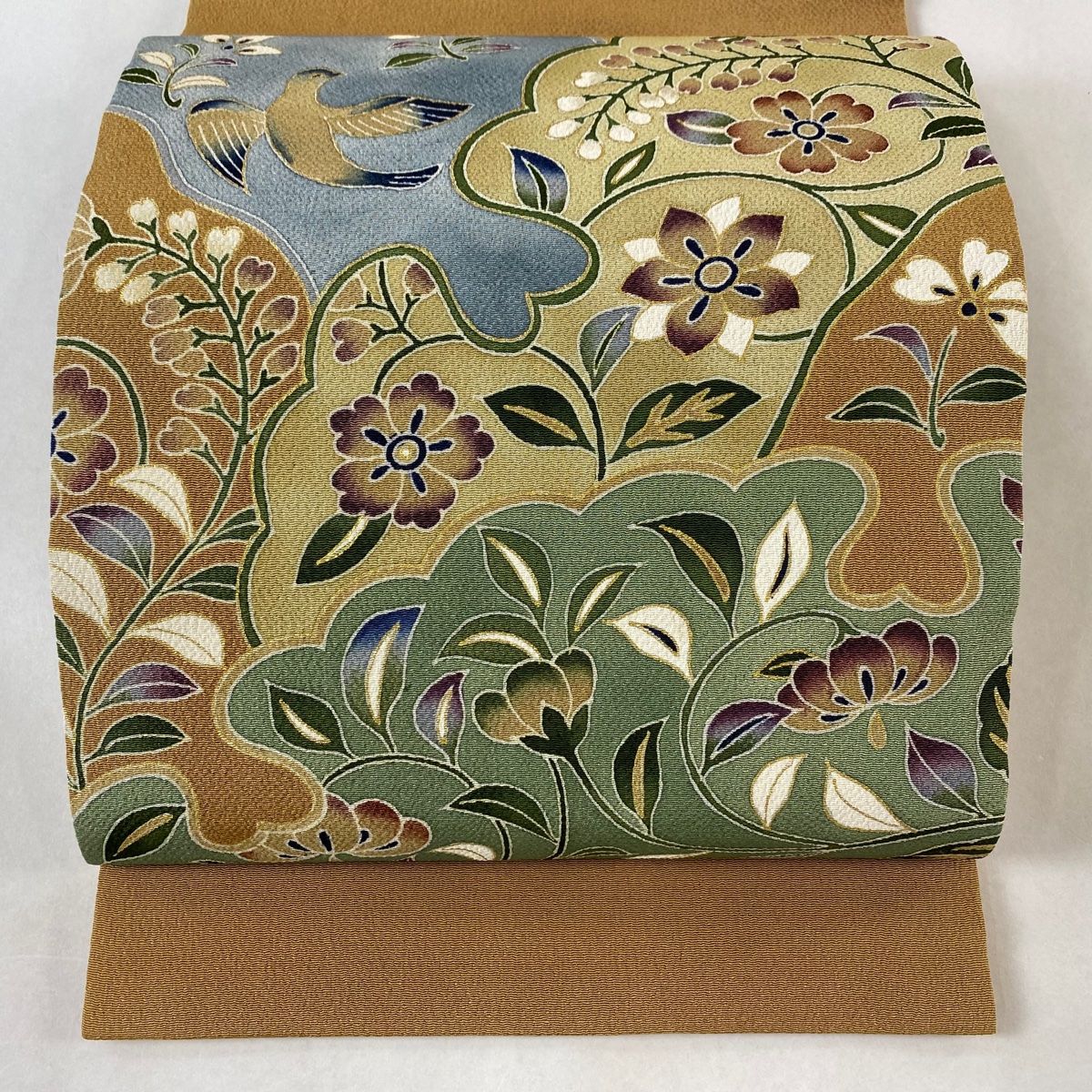 開き名古屋帯 美品 逸品 落款 久呂田明功 鳥 草花 金彩 縮緬