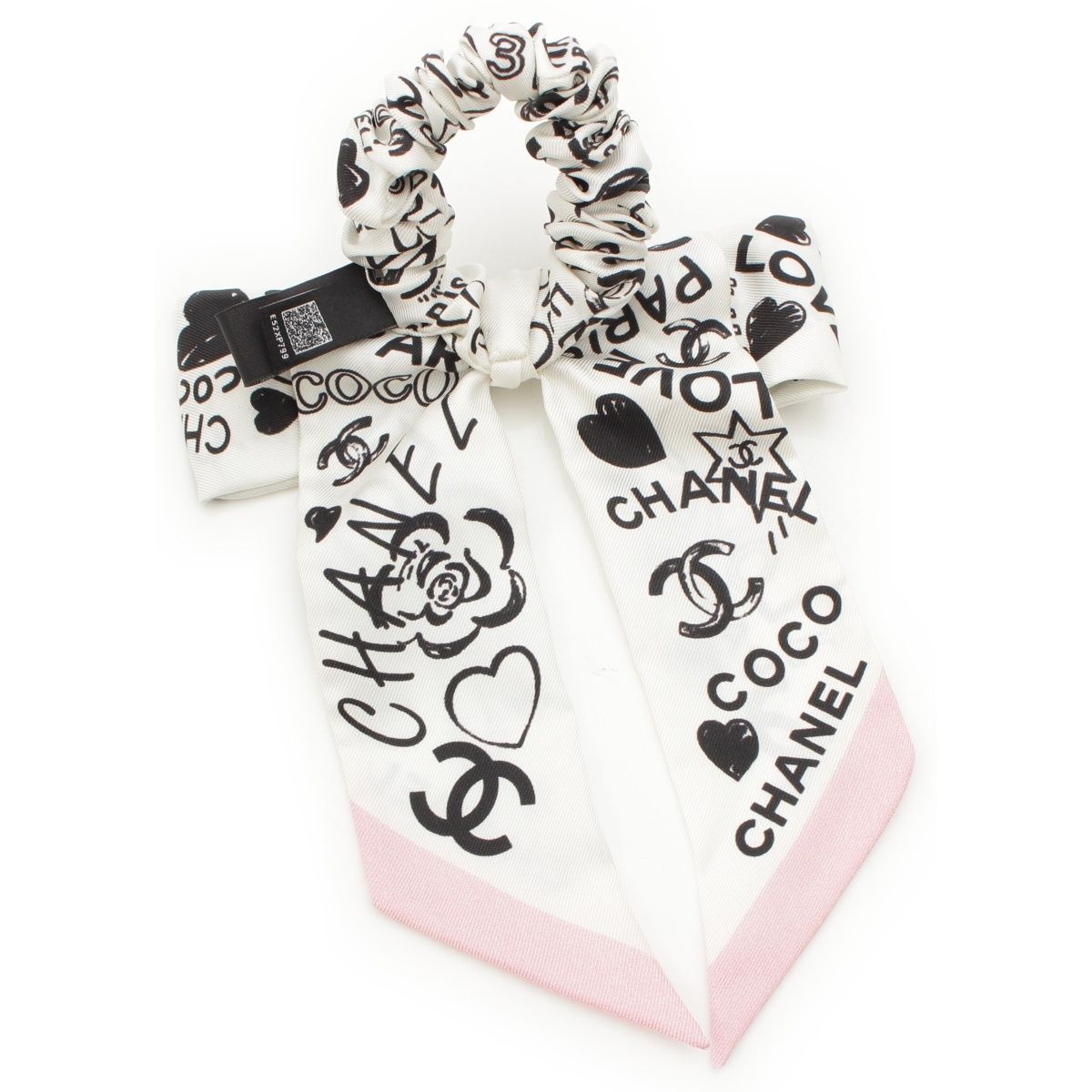 シャネル 25SS シルク シュシュ リボン アイコン ヘア AA890 ホワイト×ピンク