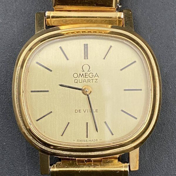 C250可動 OMEGA De Ville オメガ デビル ゴールド文字盤 ベルト社外品 ヴィンテージ クォーツ QZ レディース 腕時計 電池交換済 デ ヴィル