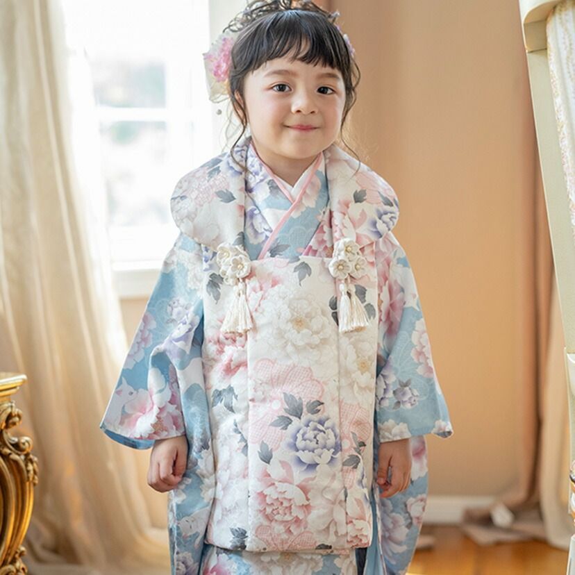 猫と芍薬 水色×白 ジャガードプリント被布セット TAK キッズ キャサリンコテージ